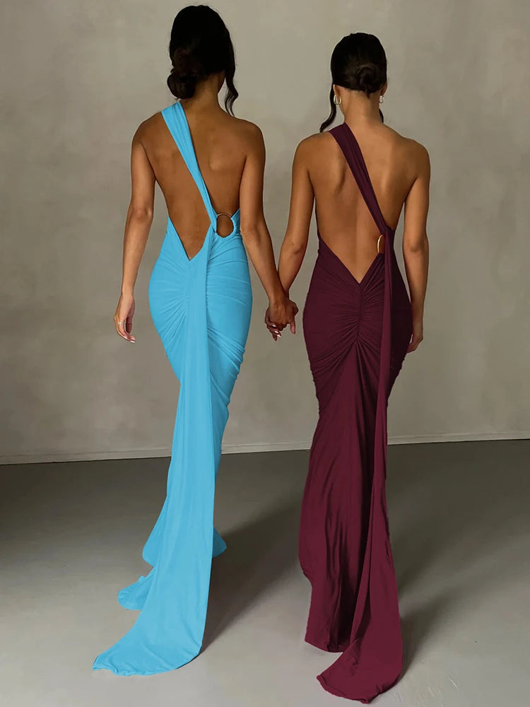 Neon Y2K Clothes One Shoulder Sleeveless Backless Maxi Dresses