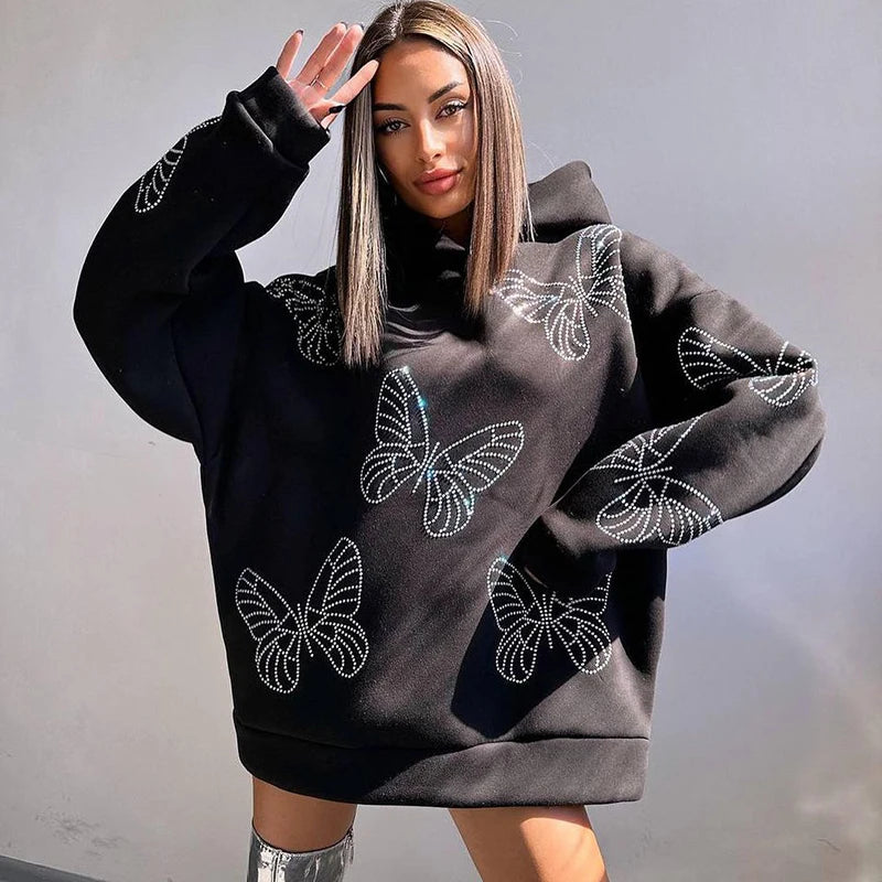 Hooded Sparkly Crystal Rhinestone Butterfly Long Pullovers Casual Streetwear