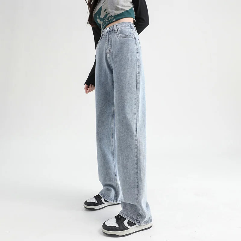 Woman Jeans Elastic High Waist Wide Leg Cotton Denim Clothing Blue White Streetwear Vintage Fashion