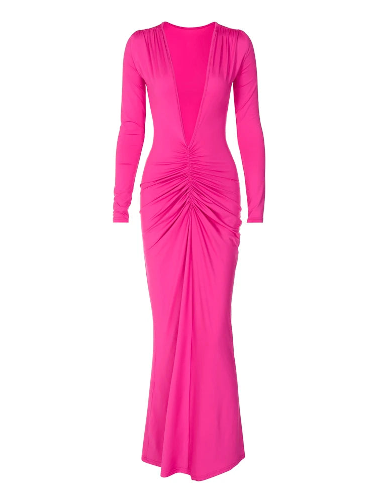 Deep V-Neck Ruched Solid Body-Shaping Long Sleeve Maxi Dress