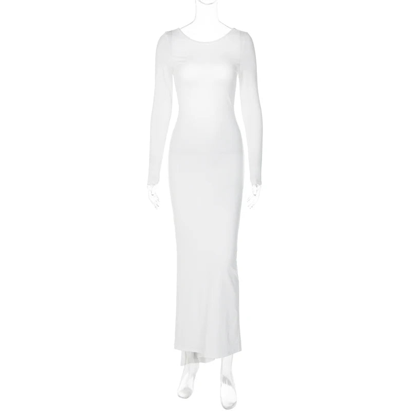 Ruched Y2K Clothes Long Sleeve Backless Midi Dresses