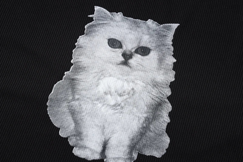 Print Cat Ribbed Artificial Fur T-Shirt