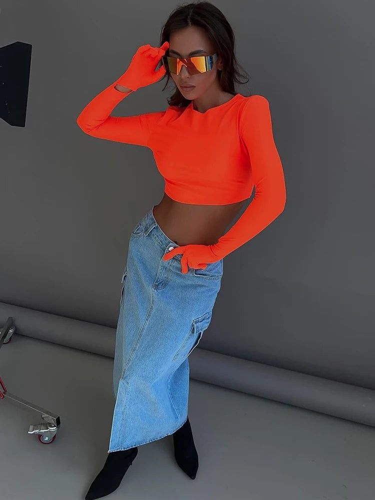 Cotton T-Shirt Crop Top Long Sleeve With Gloves 2023