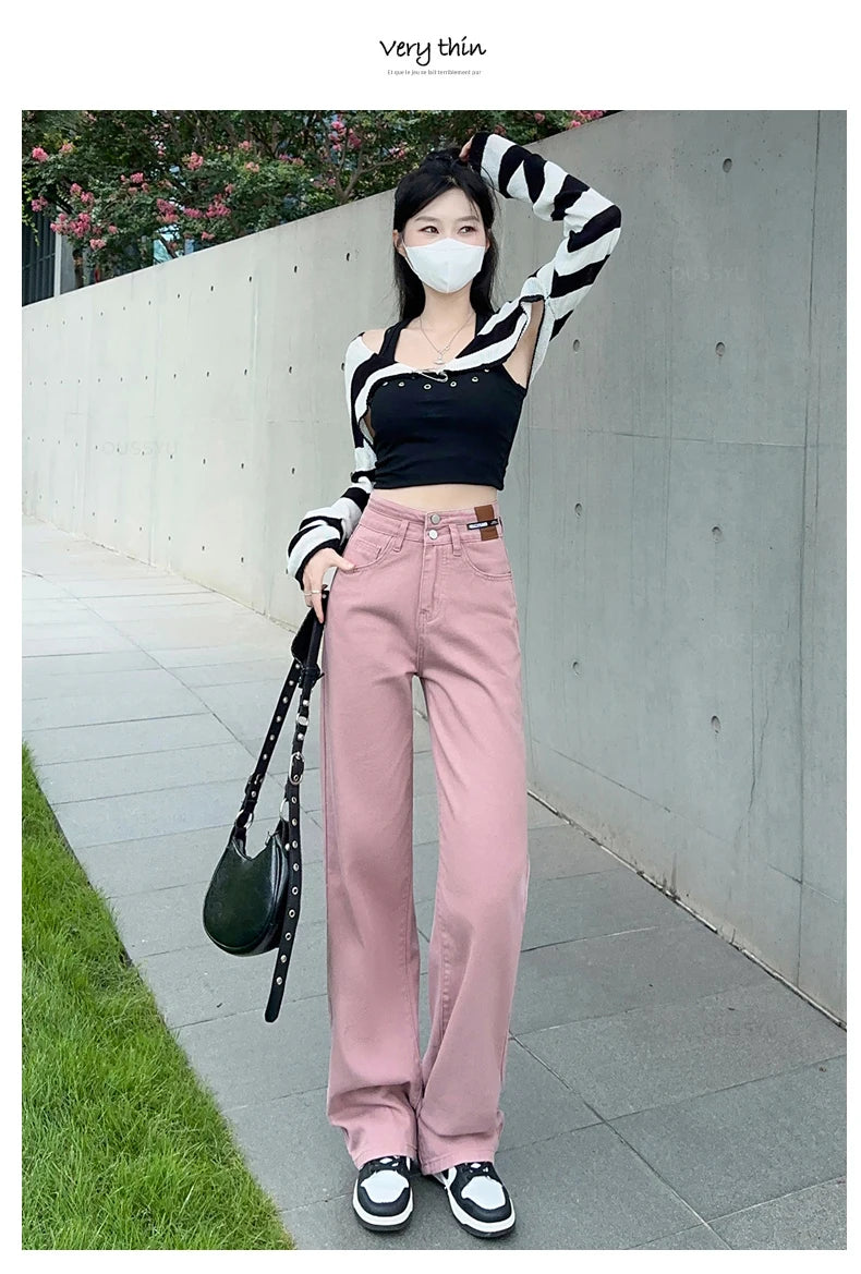 Woman Jeans High Waist Straight Wide Leg Cotton Denim Clothing Blue Streetwear Vintage Fashion  Trousers