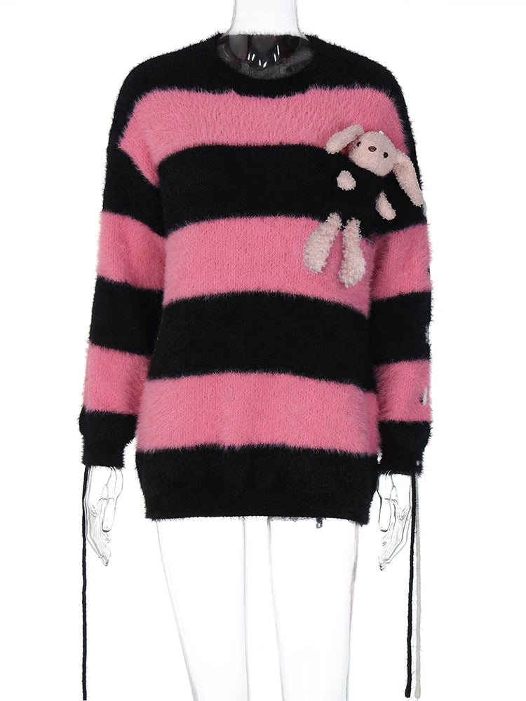 Striped Long Sleeve O-Neck Knitted Crochet Hole Sweater