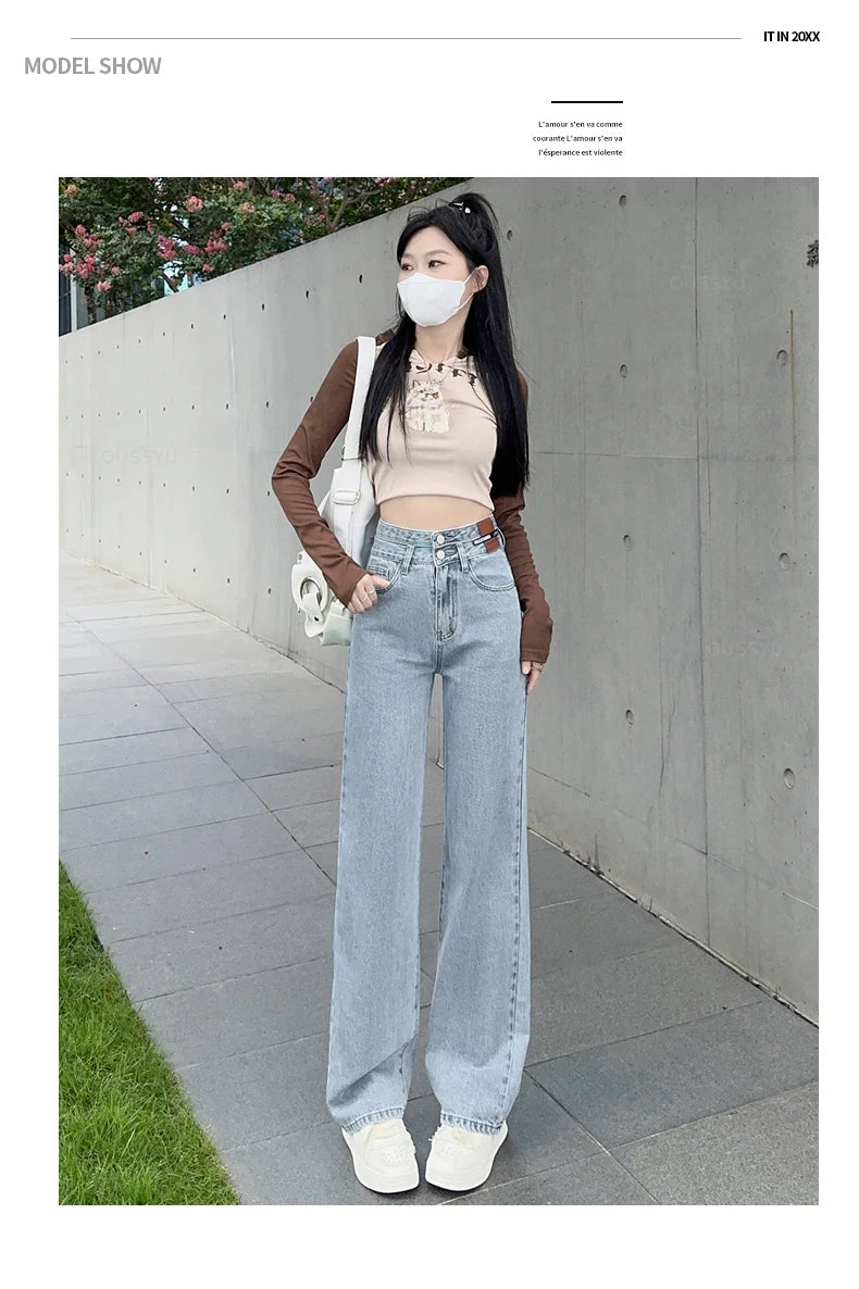 Woman Jeans High Waist Straight Wide Leg Cotton Denim Clothing Blue Streetwear Vintage Fashion  Trousers