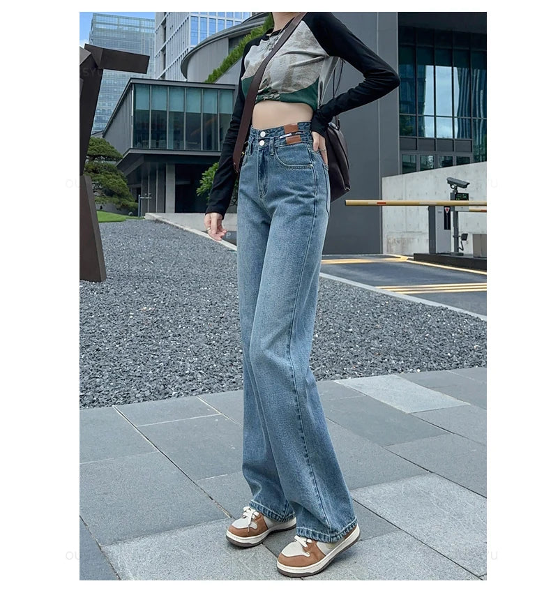 Woman Jeans High Waist Straight Wide Leg Cotton Denim Clothing Blue Streetwear Vintage Fashion  Trousers