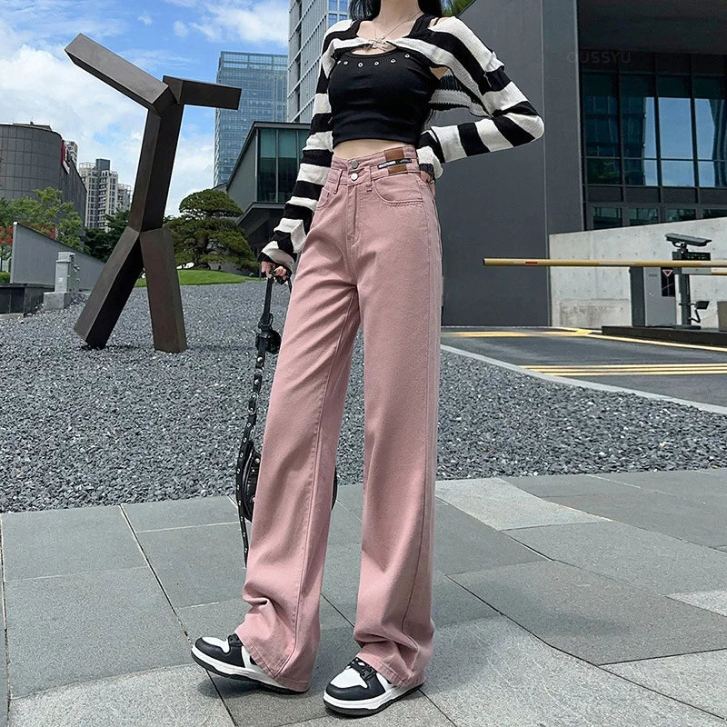 Woman Jeans High Waist Straight Wide Leg Cotton Denim Clothing Blue Streetwear Vintage Fashion  Trousers