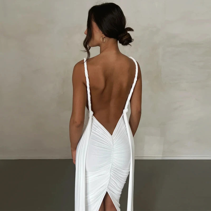 Solid V Neck Backless Ruched Bandage Sleeveless Maxi Dress