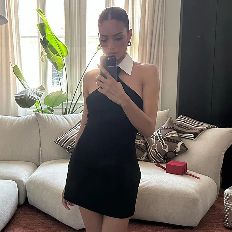 Sleeveless Turn Down Collar Black Mini Dress