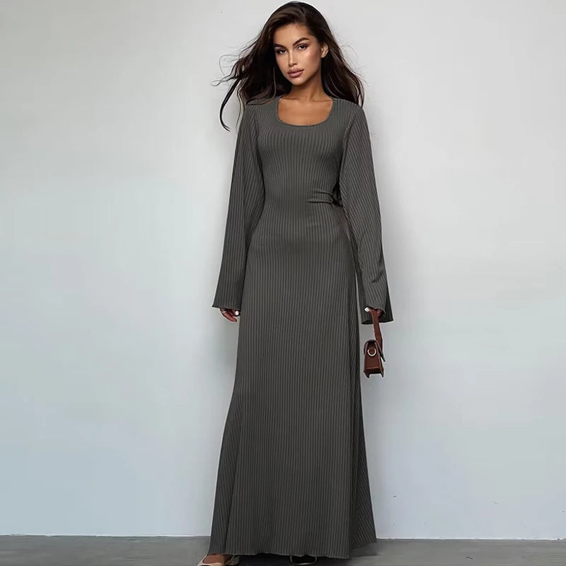 Solid Ribbed Trumpet Sleeves Maxi Dress