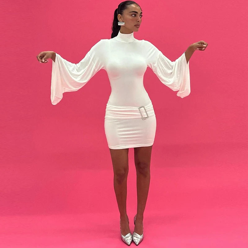 Solid Pure Color Half Turtleneck Long Trumpet Sleeves Mini Dress