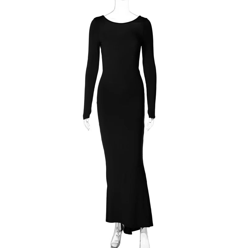 Ruched Y2K Clothes Long Sleeve Backless Midi Dresses