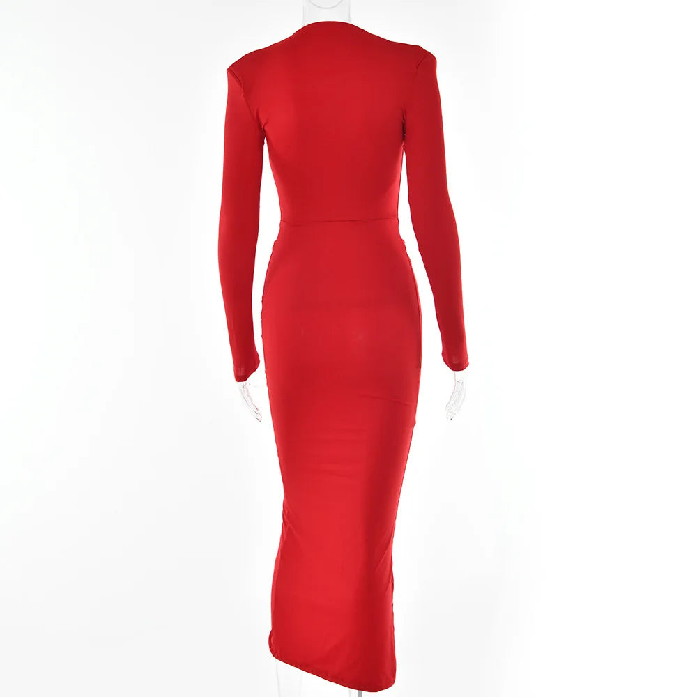 Ruched Irregular Sexy Y2K Clothes Long Sleeve Midi Dress