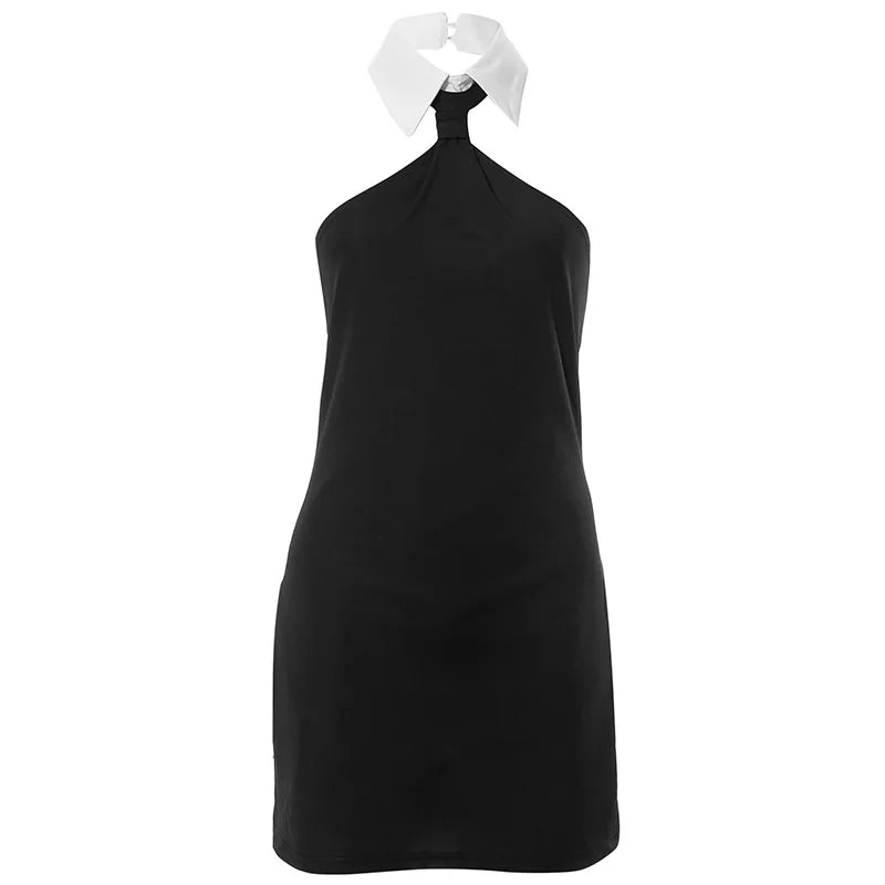 Sleeveless Turn Down Collar Black Mini Dress