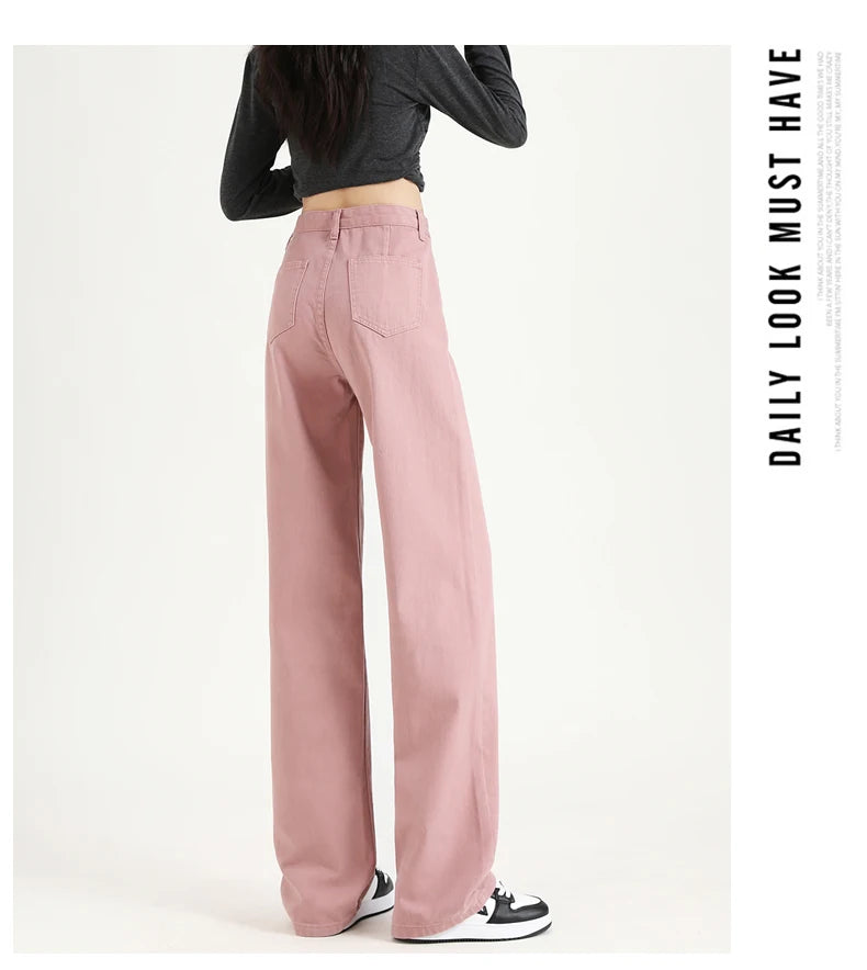 Women Straight  Jeans Adjust Elastic High Waist Vintage Denim Pants Leisure Streetwear  Fashion Loose Wide Leg Trousers