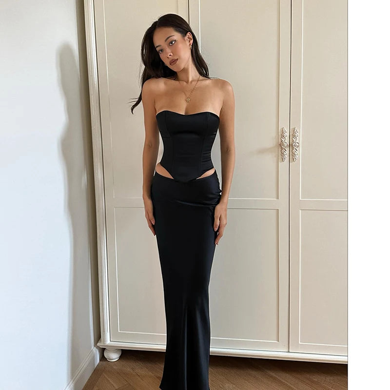 Lace Up Bandage Croset Crop Top Maxi Skirt Set r Women Satin 2 Piece Set Matching Co-Ord Elegant Party Club