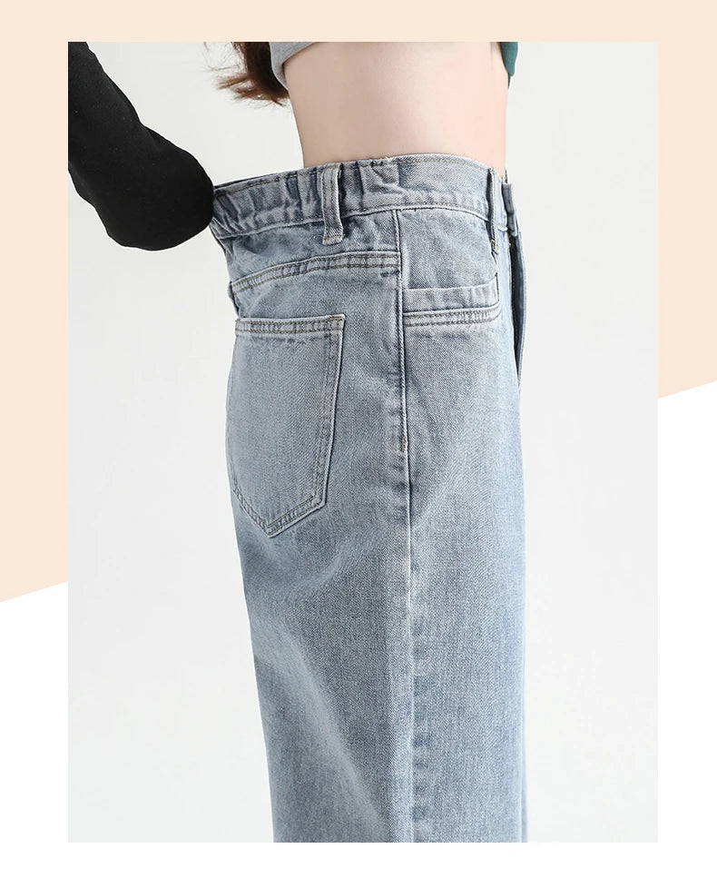 Woman Jeans Elastic High Waist Wide Leg Cotton Denim Clothing Blue White Streetwear Vintage Fashion