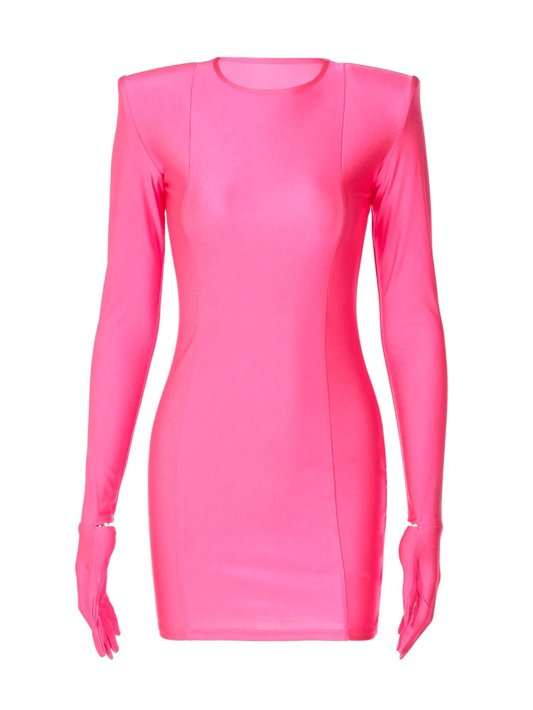 Solid Shoulder Pad Long Sleeve With Gloves Mini Dress