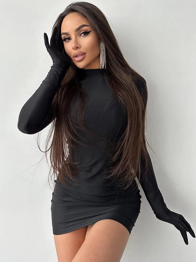 Solid Long Sleeve With Gloves Mini Dress