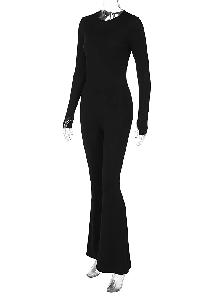 Straps Backless Jumpsuit Long Sleeves Bell-Bottomed Pants  Winter Clothing Sexy Body-Shaping Clubwear Birthday Party