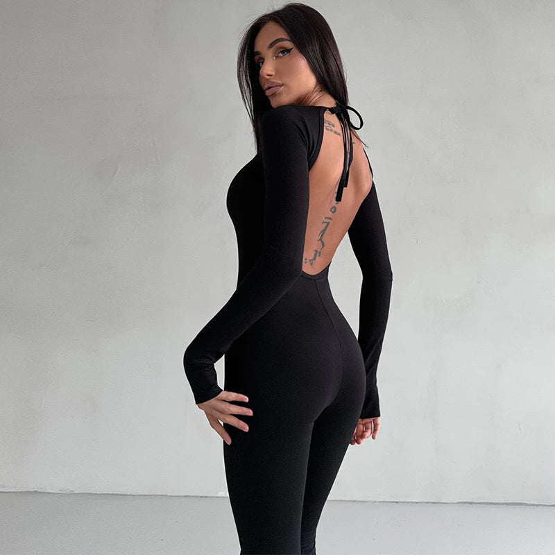 Straps Backless Jumpsuit Long Sleeves Bell-Bottomed Pants  Winter Clothing Sexy Body-Shaping Clubwear Birthday Party