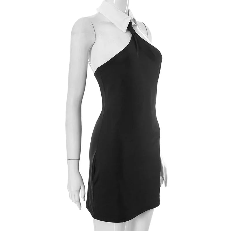 Sleeveless Turn Down Collar Black Mini Dress