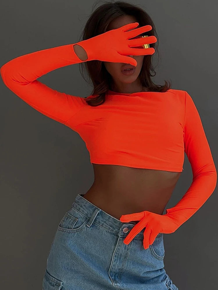 Cotton T-Shirt Crop Top Long Sleeve With Gloves 2023