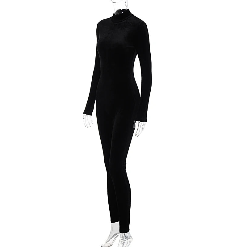 Velvet Sexy Y2K Clothes Long Sleeve O-Neck Bodycon  Zipper Jumpsuit