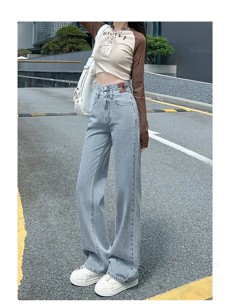 Woman Jeans High Waist Straight Wide Leg Cotton Denim Clothing Blue Streetwear Vintage Fashion  Trousers