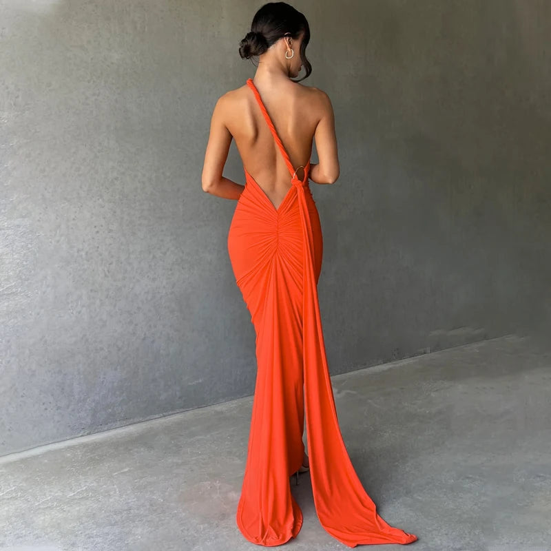 Neon Y2K Clothes One Shoulder Sleeveless Backless Maxi Dresses