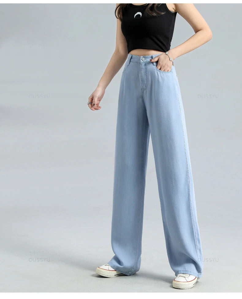 Thin Soft Women's Jeans Natural Lyocell Fabric Baggy Wide Leg Denim Pants Streetwear Loose Casual Female Clothing XS-3XL