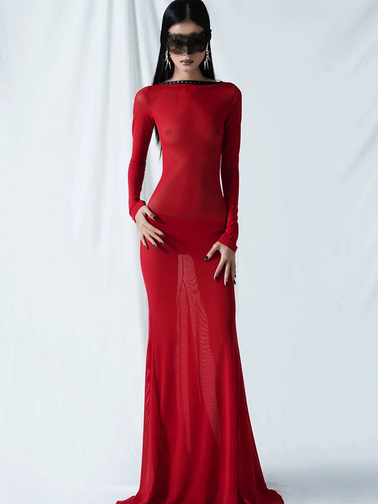 Solid See-Through Backless Back Straps Dress Long Sleeve  Maxi