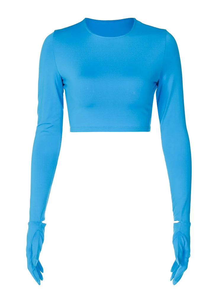 Cotton T-Shirt Crop Top Long Sleeve With Gloves 2023