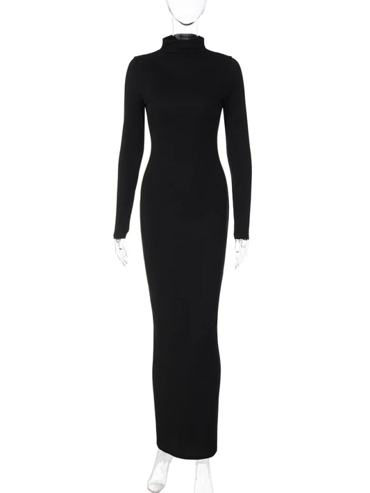 Solid Ribbed Sexy High Neck Long Sleeve Maxi Dress