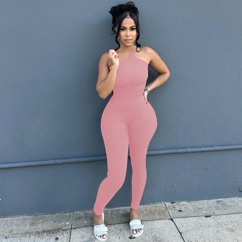 Autumn Ribbed Sexy Y2K Clothes One Shoulder Sleeveless Backless Bodycon Skinny Jumpsuit For Women Club Streetwear Romper