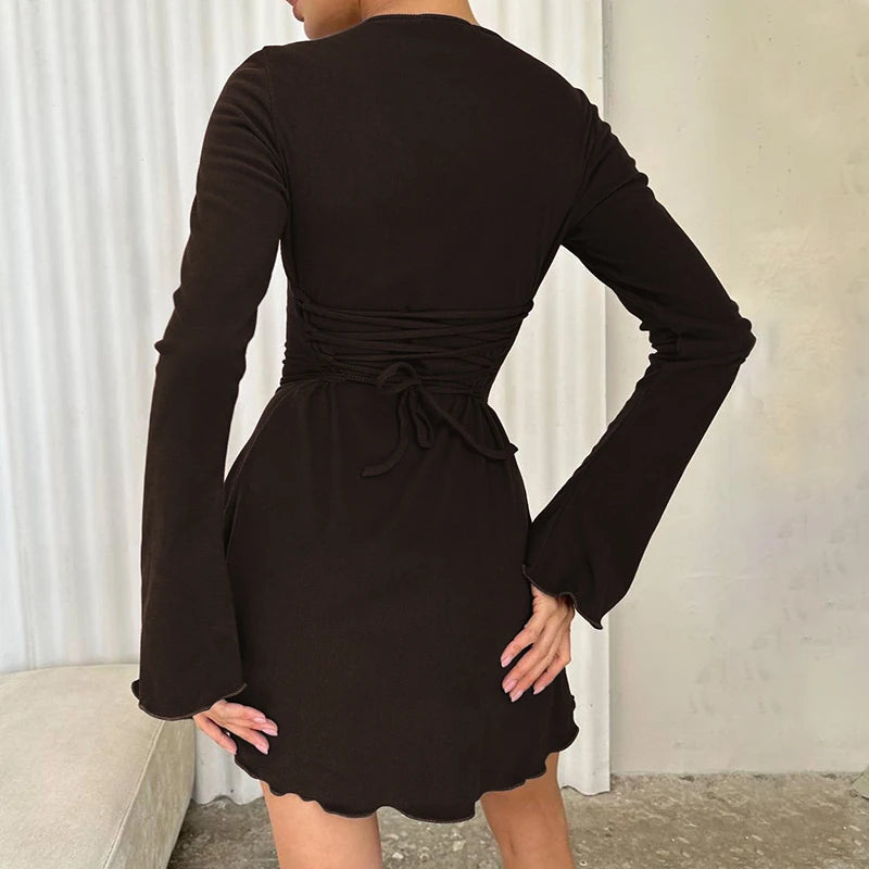 Back Straps Trumpet Sleeves Mini Dress