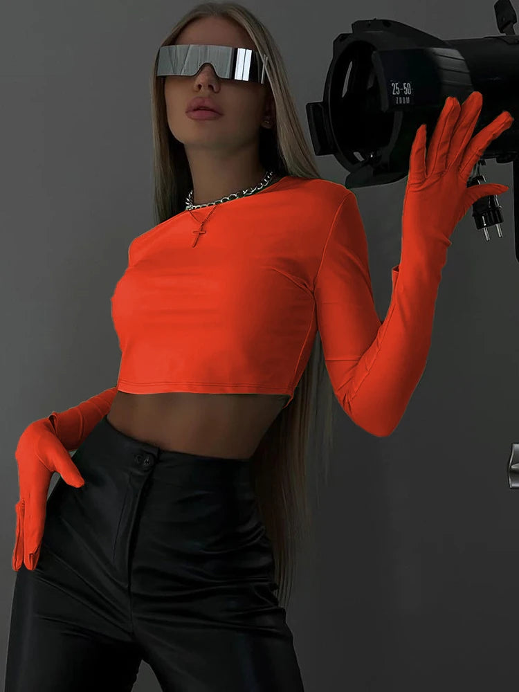 Cotton T-Shirt Crop Top Long Sleeve With Gloves 2023