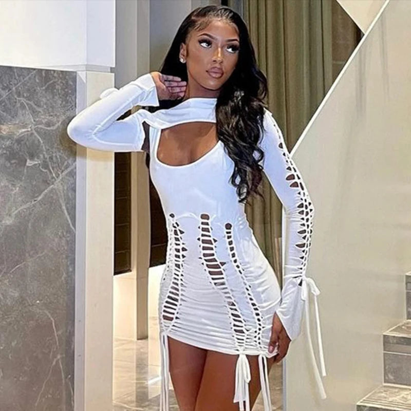 Bandage Ruched Neon Y2K Clothes Hollow Out 2 Pieces Long Sleeve Backless Mini Dresses