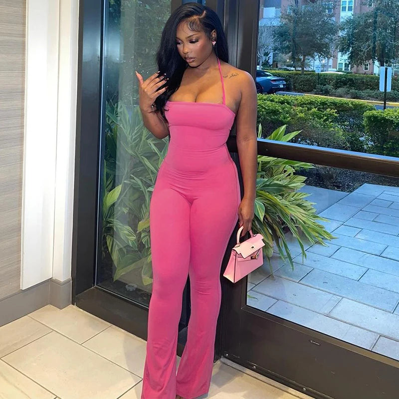 Halter Sleeveless Bell-Bottom Pants Jumpsuit Women Streetwear Birthday Party Solid Pure Sexy Club Strapless