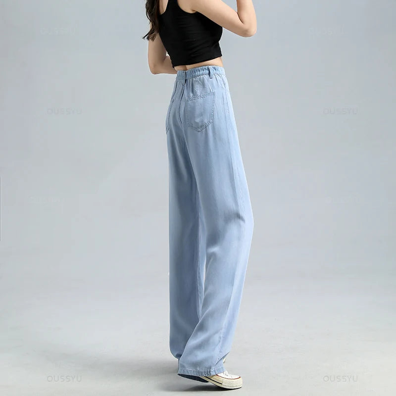 Thin Soft Women's Jeans Natural Lyocell Fabric Baggy Wide Leg Denim Pants Streetwear Loose Casual Female Clothing XS-3XL