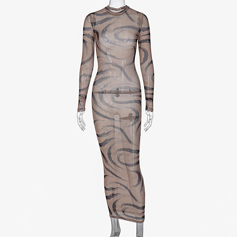 Spring Mesh See-Through Sexy Y2K Clothes Long Sleeve Midi Dresses