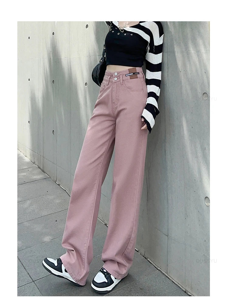 Woman Jeans High Waist Straight Wide Leg Cotton Denim Clothing Blue Streetwear Vintage Fashion  Trousers