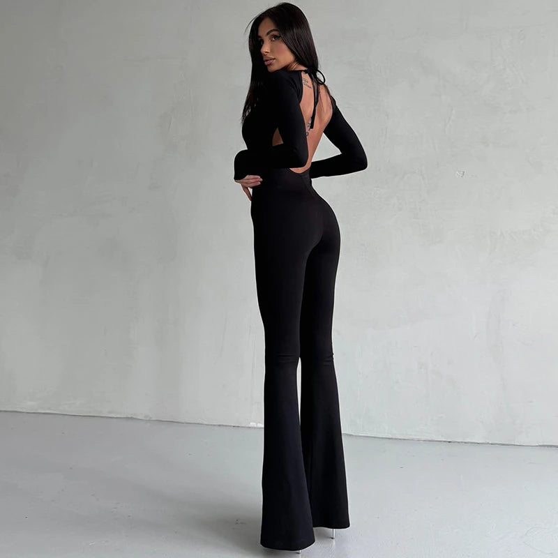 Straps Backless Jumpsuit Long Sleeves Bell-Bottomed Pants  Winter Clothing Sexy Body-Shaping Clubwear Birthday Party