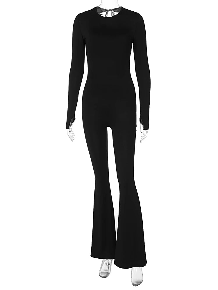 Straps Backless Jumpsuit Long Sleeves Bell-Bottomed Pants  Winter Clothing Sexy Body-Shaping Clubwear Birthday Party