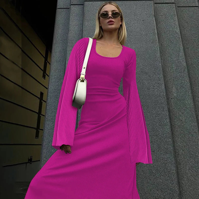 Solid Ribbed Trumpet Sleeves Maxi Dress