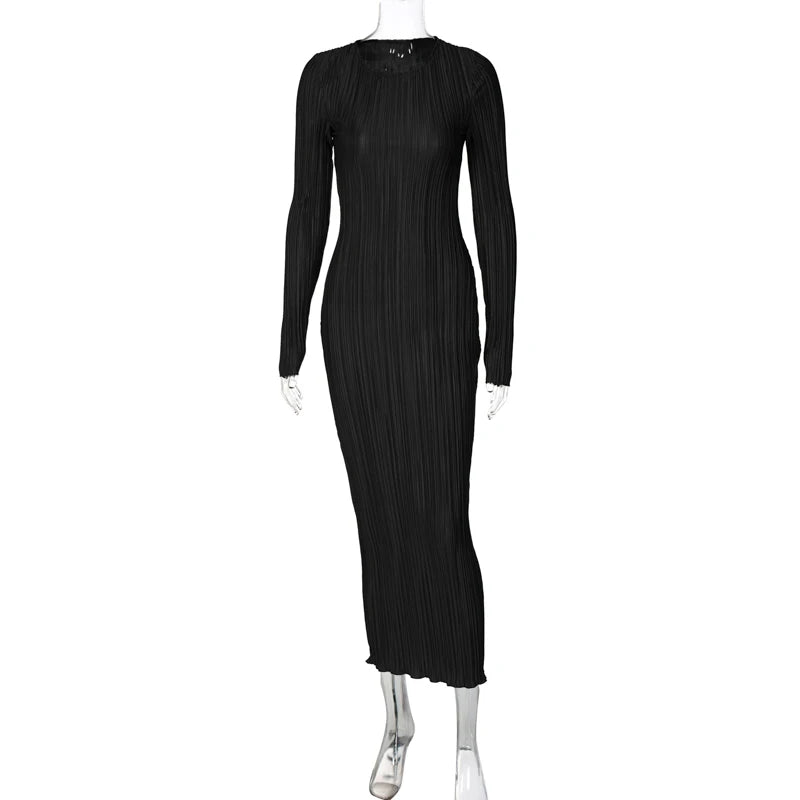 Striped Ruched Ruffle Sexy Y2K Clothes Long Sleeve Midi Dresses