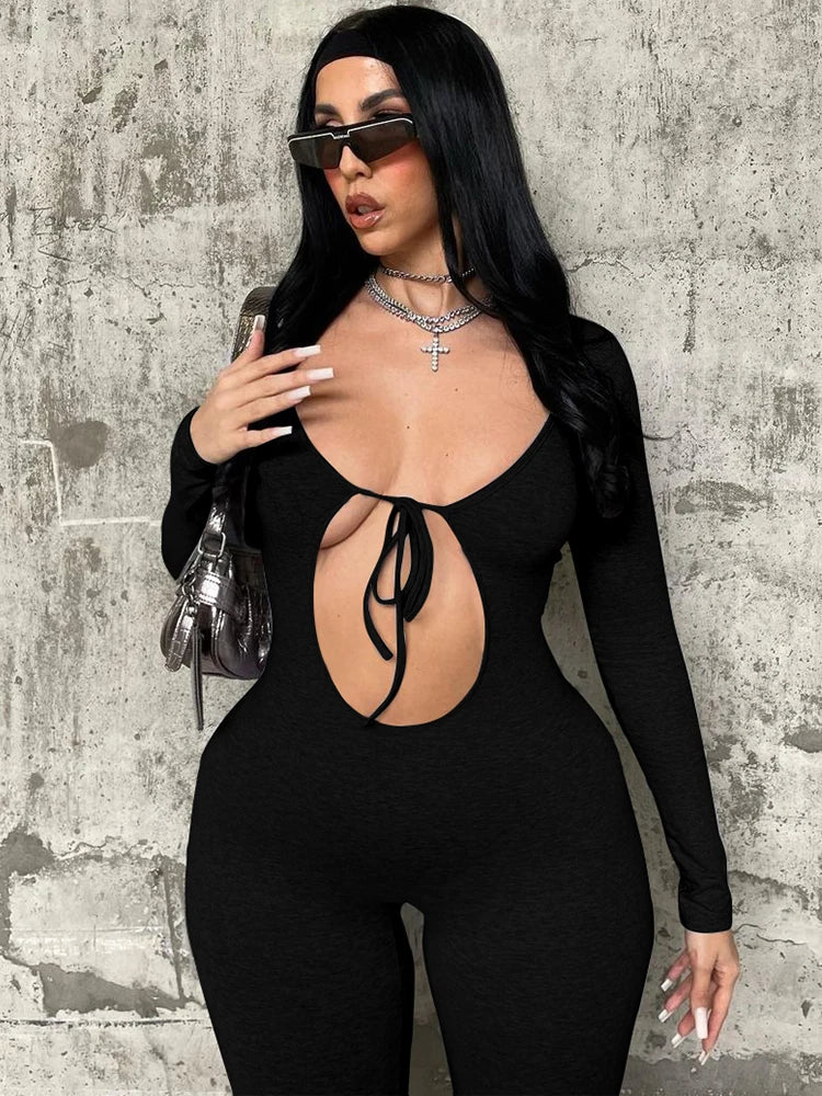 Solid Pure Hole Hollow Out Straps Lace-Up Jumpsuit Long Sleeves  Summer Autumn For Women Sexy Streetwear Wholesale