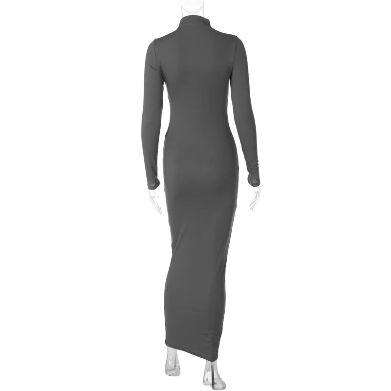 Solid Ribbed Sexy High Neck Long Sleeve Maxi Dress