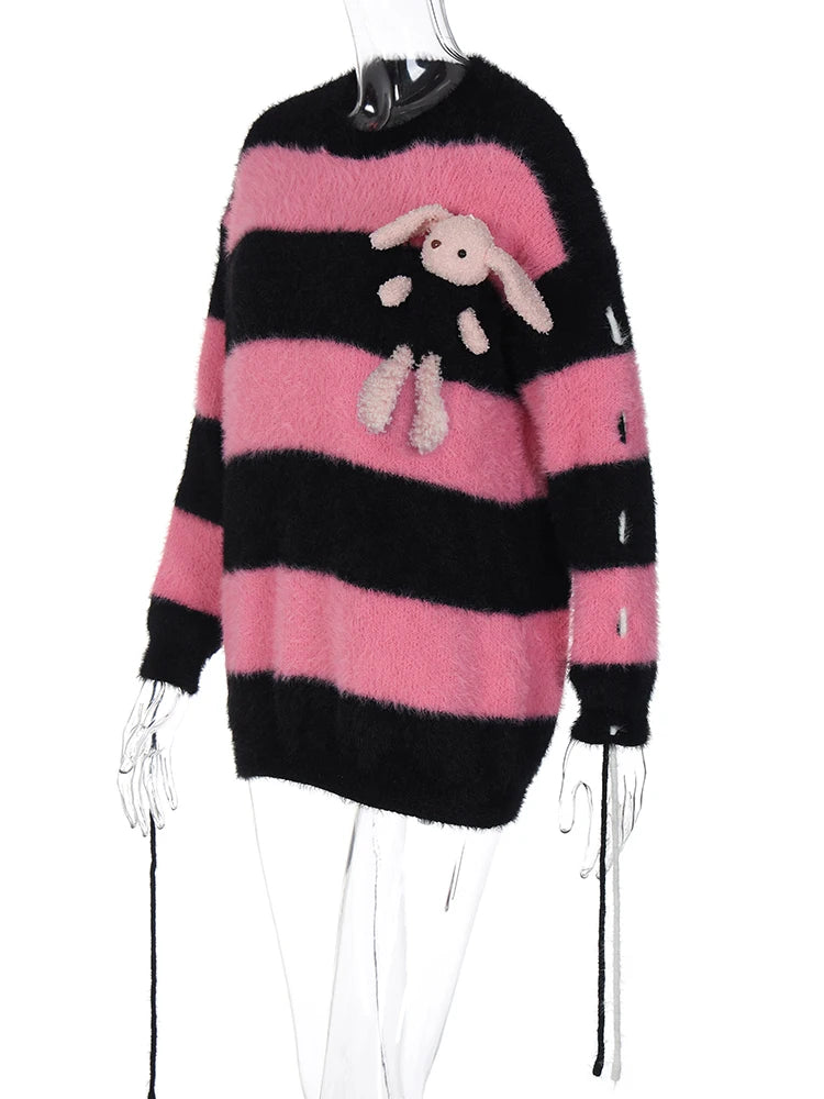 Striped Long Sleeve O-Neck Knitted Crochet Hole Sweater